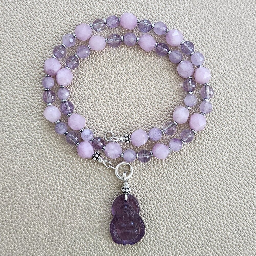 LAVENDER LOVE MULTI GEMSTONE NECKLACE W/ BUDDHA PENDANT--16"
